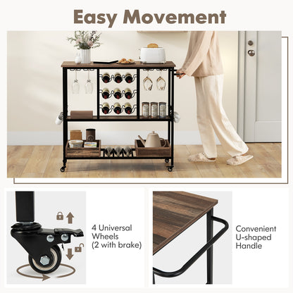 3-Tier Rolling Bar Cart with Glass Holders and Storage Shelves, Brown