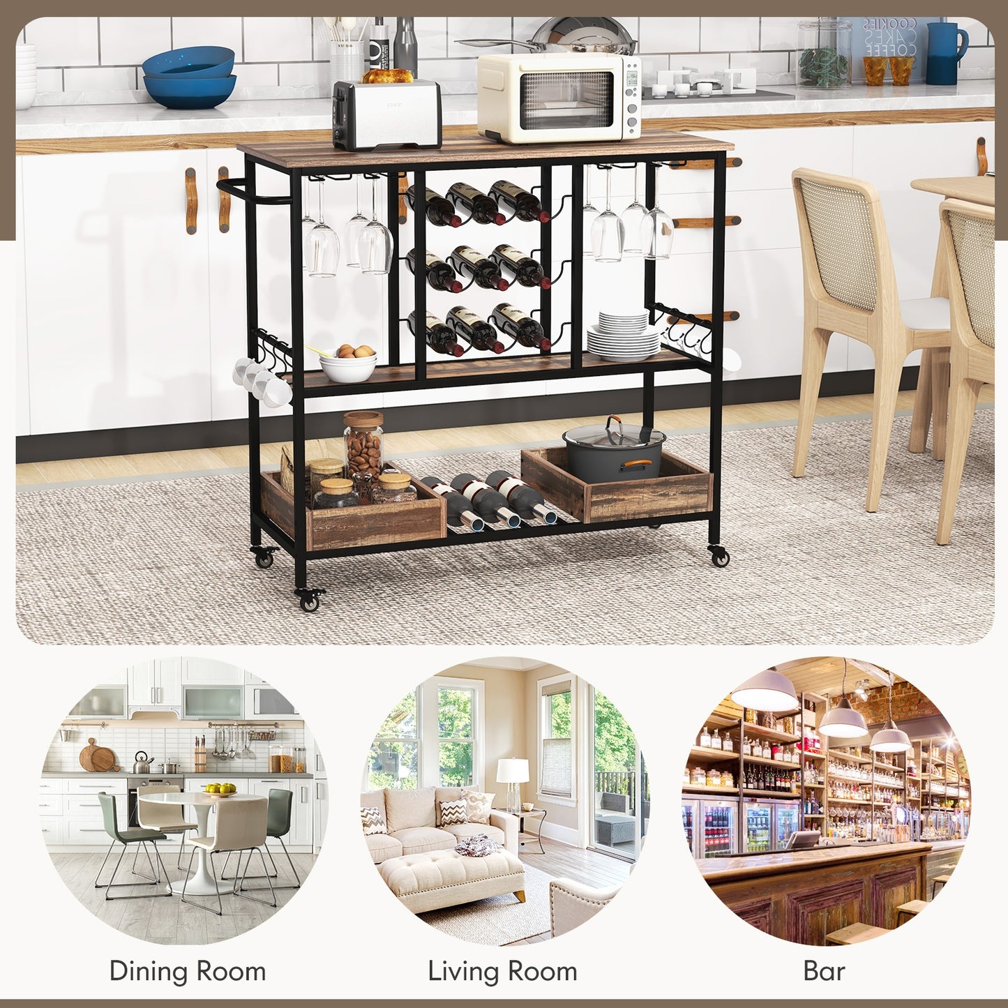 3-Tier Rolling Bar Cart with Glass Holders and Storage Shelves, Brown