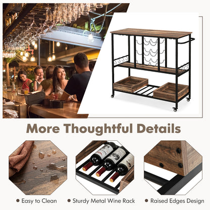 3-Tier Rolling Bar Cart with Glass Holders and Storage Shelves, Brown