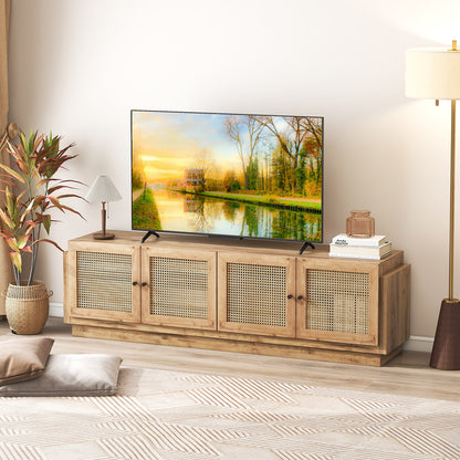 Farmhouse TV Console with Rattan Doors and Storage Cabinets for 75 Inch TVs