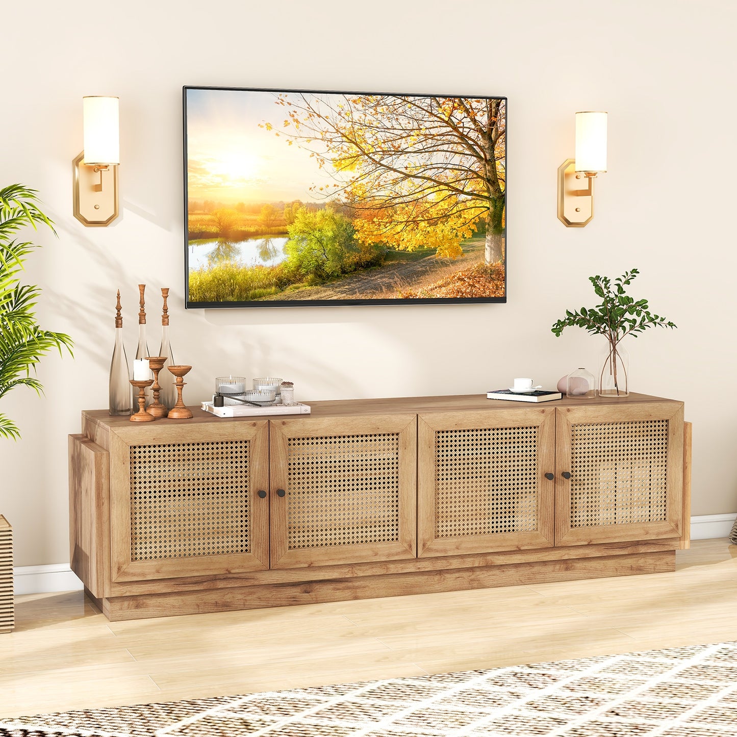 Farmhouse TV Console with Rattan Doors and Storage Cabinets for 75 Inch TVs