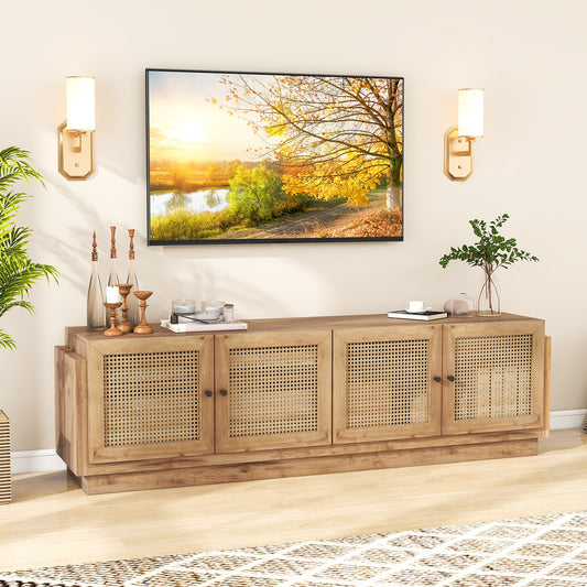 Farmhouse TV Console with Rattan Doors and Storage Cabinets for 75 Inch TVs