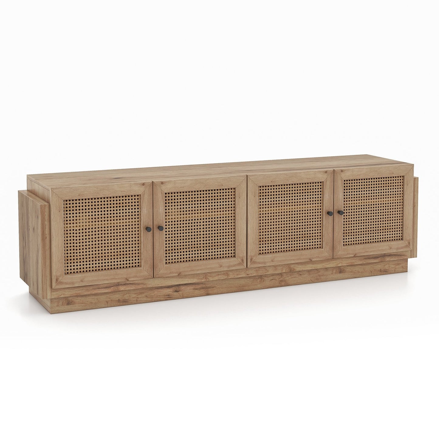 Farmhouse TV Console with Rattan Doors and Storage Cabinets for 75 Inch TVs