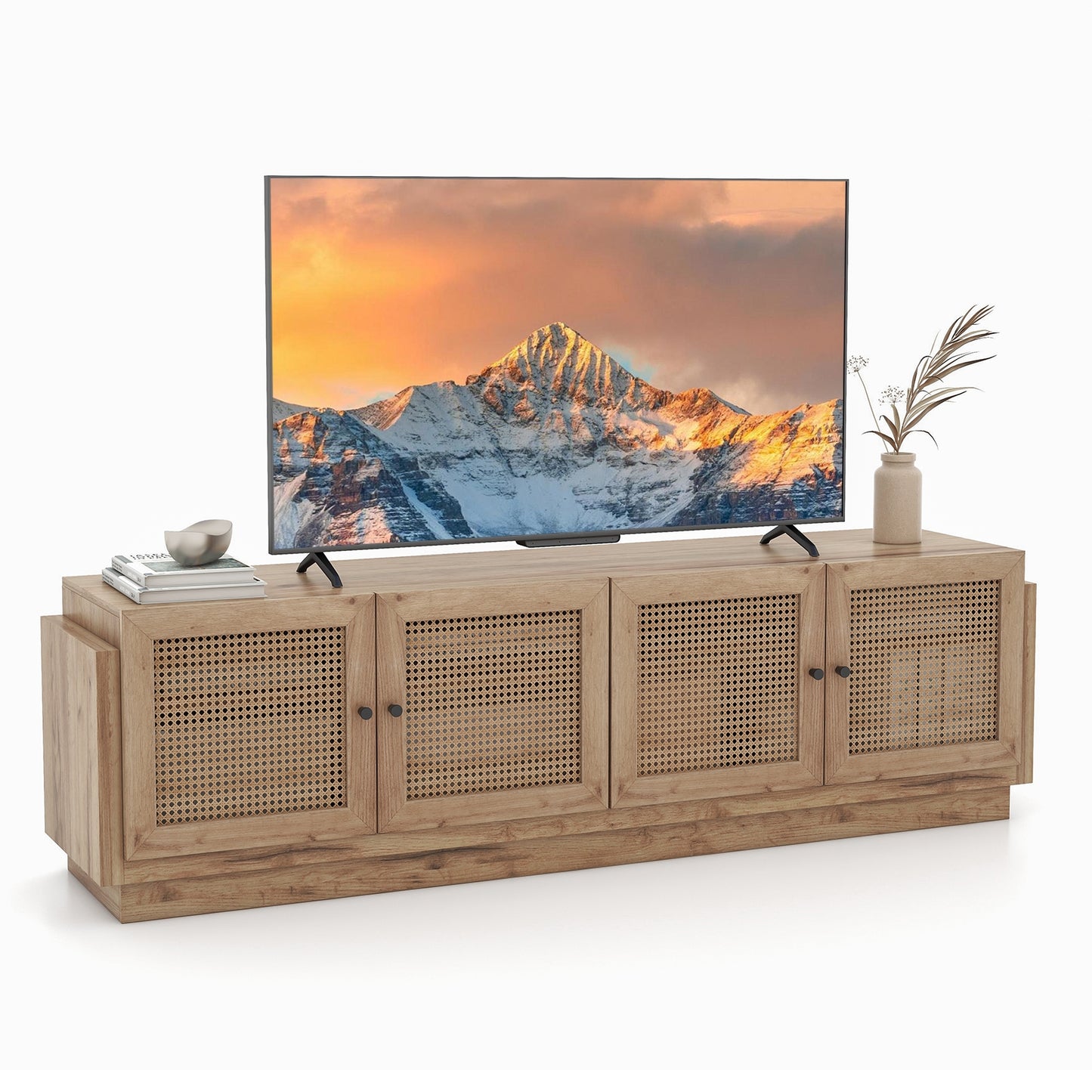 Farmhouse TV Console with Rattan Doors and Storage Cabinets for 75 Inch TVs