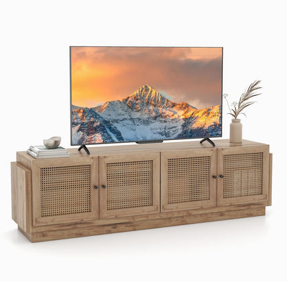 Farmhouse TV Console with Rattan Doors and Storage Cabinets for 75 Inch TVs