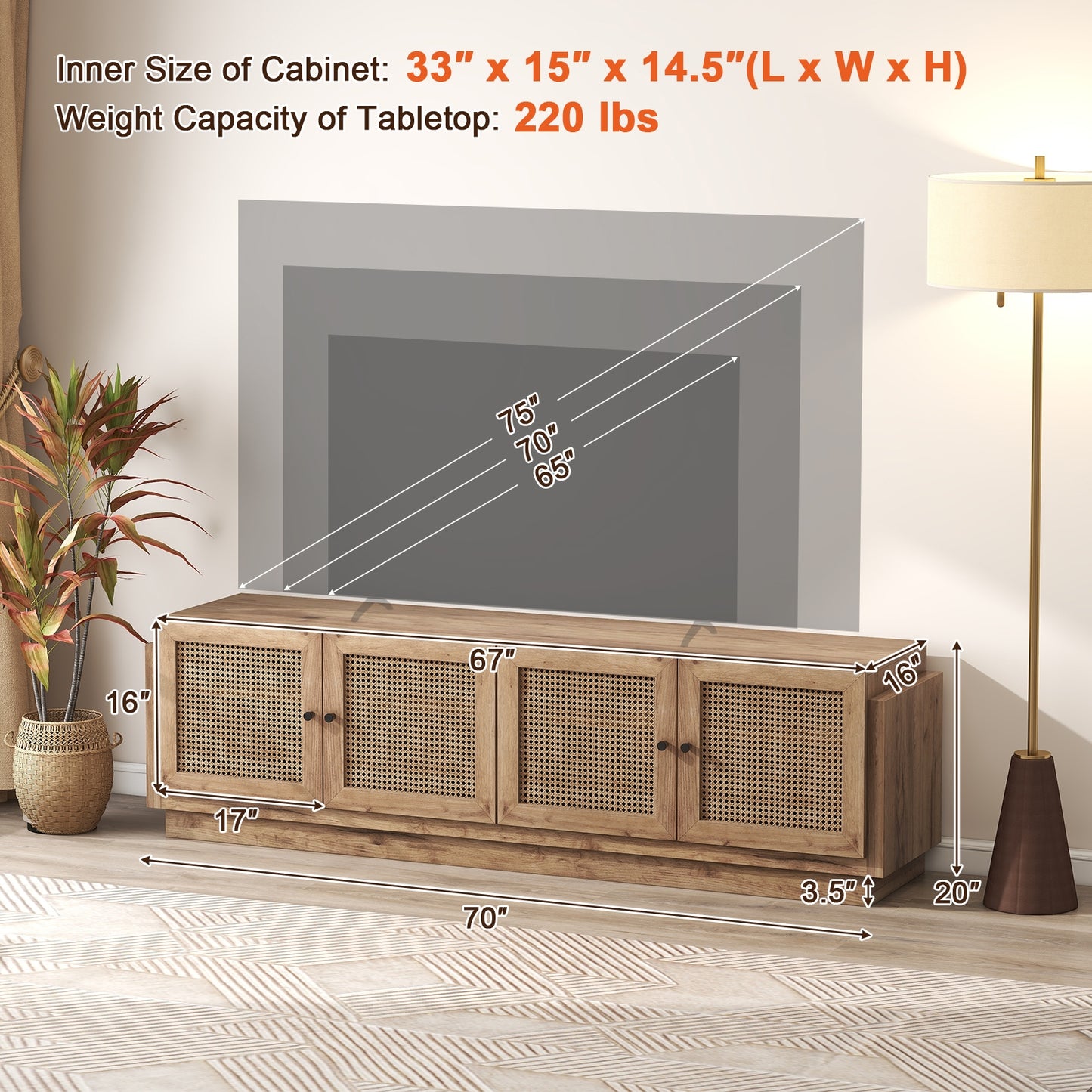 Farmhouse TV Console with Rattan Doors and Storage Cabinets for 75 Inch TVs