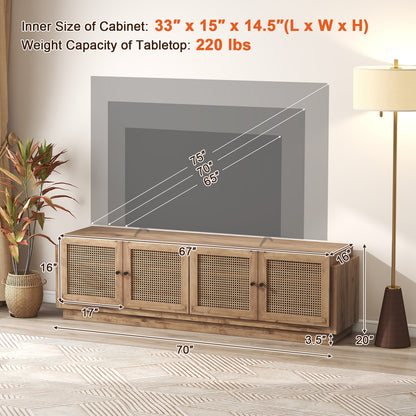 Farmhouse TV Console with Rattan Doors and Storage Cabinets for 75 Inch TVs