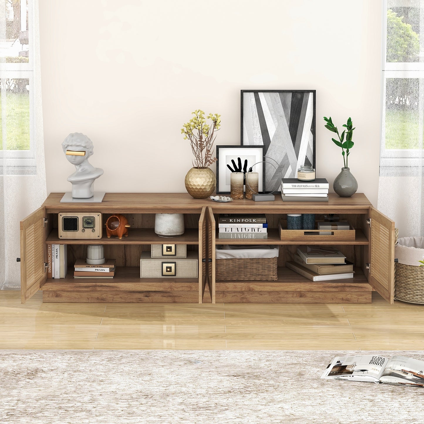 Farmhouse TV Console with Rattan Doors and Storage Cabinets for 75 Inch TVs