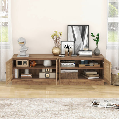 Farmhouse TV Console with Rattan Doors and Storage Cabinets for 75 Inch TVs