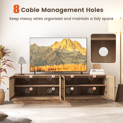 Farmhouse TV Console with Rattan Doors and Storage Cabinets for 75 Inch TVs