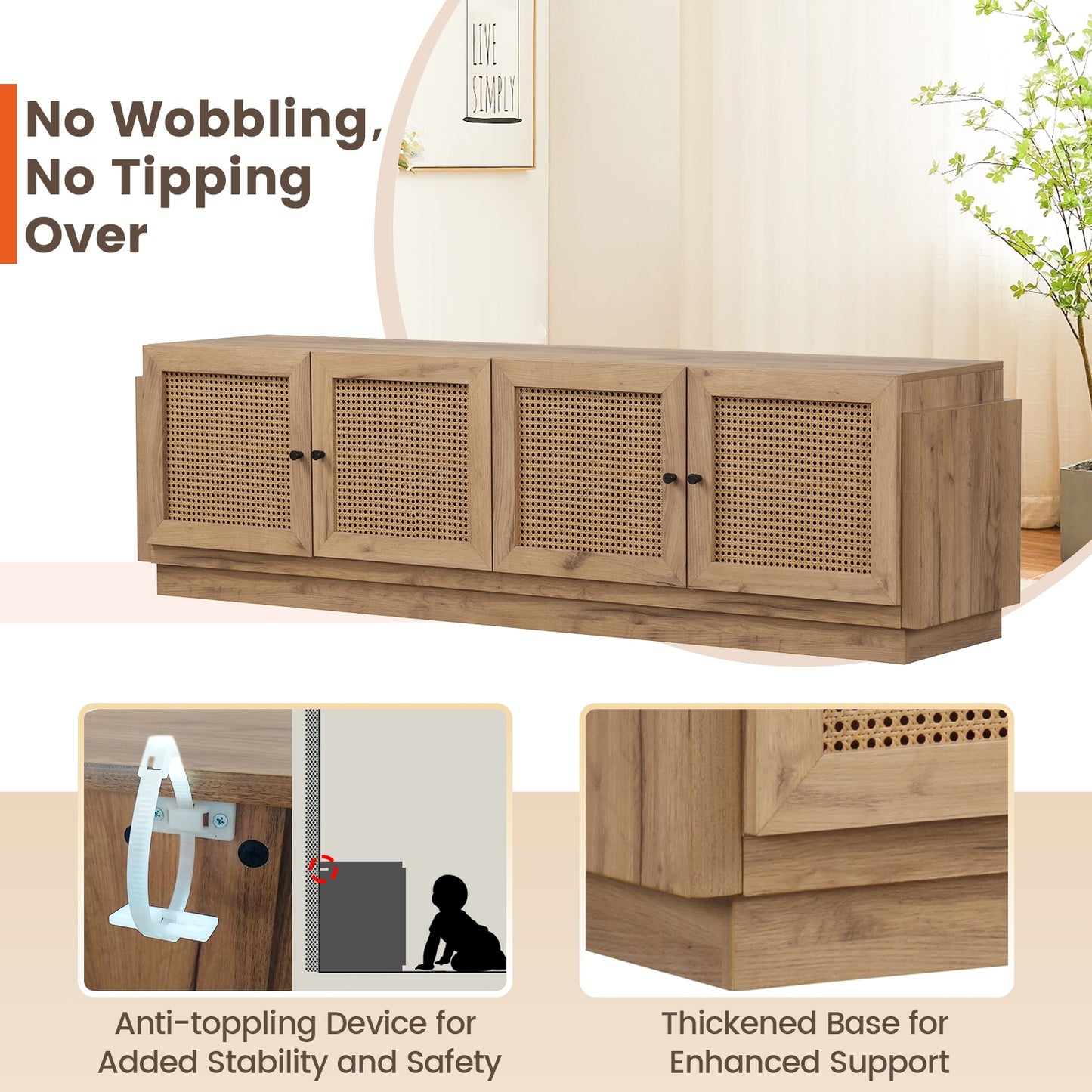 Farmhouse TV Console with Rattan Doors and Storage Cabinets for 75 Inch TVs