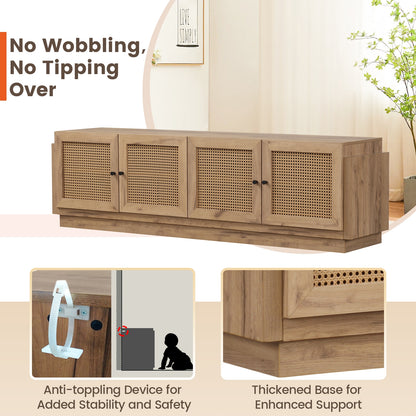 Farmhouse TV Console with Rattan Doors and Storage Cabinets for 75 Inch TVs