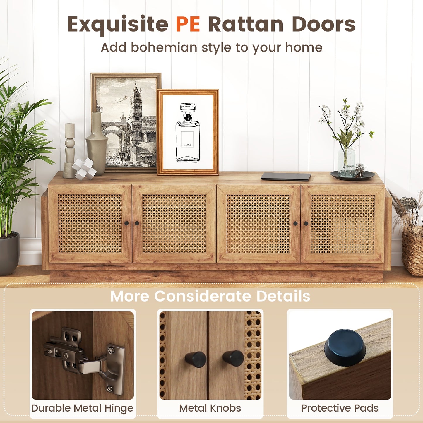 Farmhouse TV Console with Rattan Doors and Storage Cabinets for 75 Inch TVs