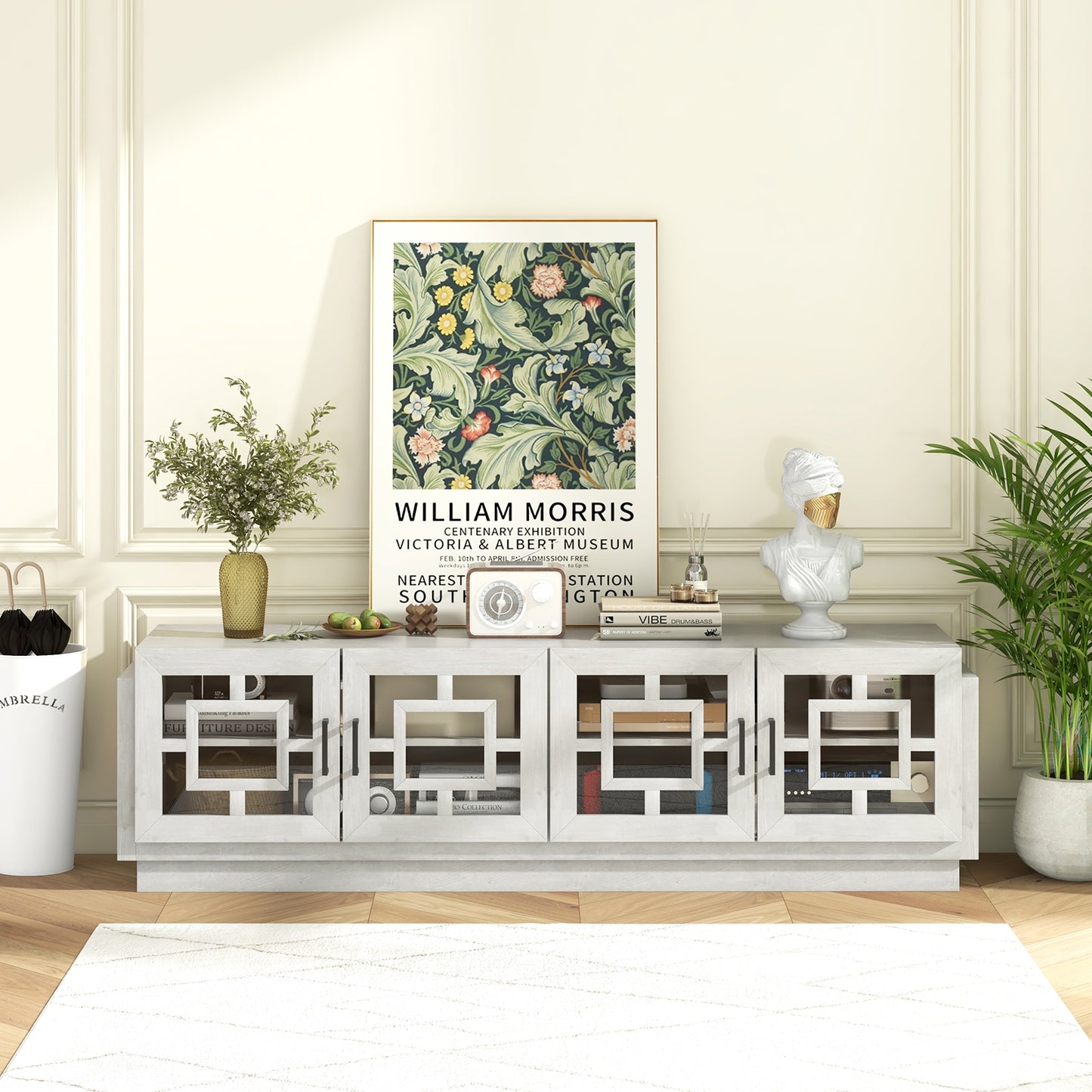 Spacious 4 Door Media Console with Adjustable Shelves for TVs up to 75 Inches