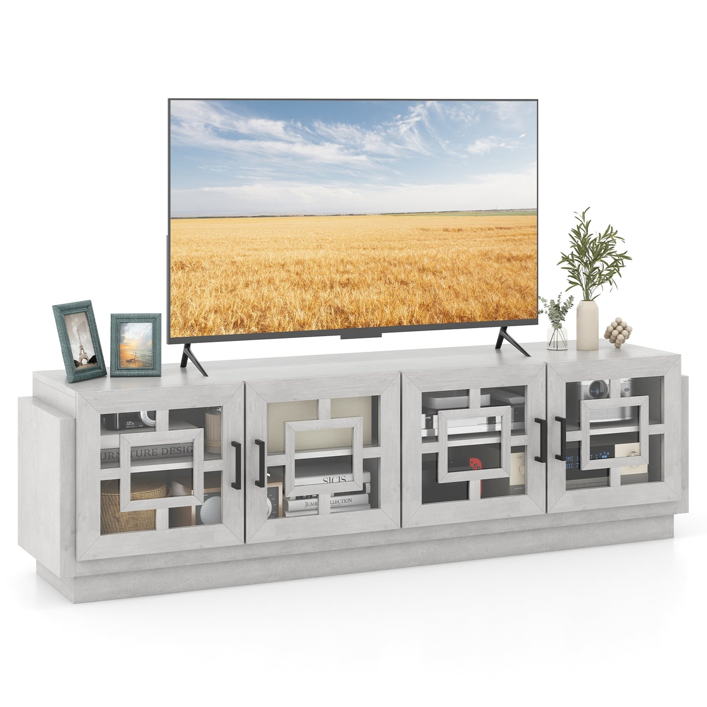 Spacious 4 Door Media Console with Adjustable Shelves for TVs up to 75 Inches