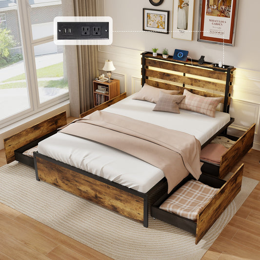 Rustic Brown Bed Frame with LED Lights, USB Ports, and Rolling Storage Drawers - Full Size