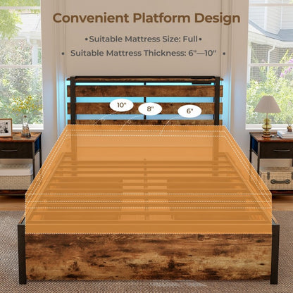 Rustic Brown Bed Frame with LED Lights, USB Ports, and Rolling Storage Drawers - Full Size