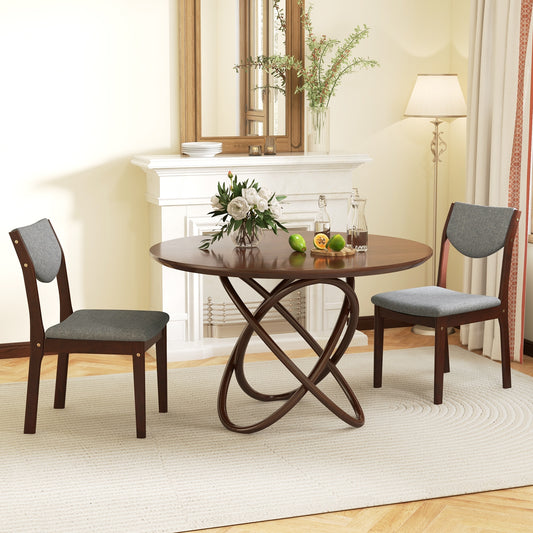 Set of 2 Wooden Dining Chairs with Grey Linen Upholstered Seat and Ergonomic Backrest