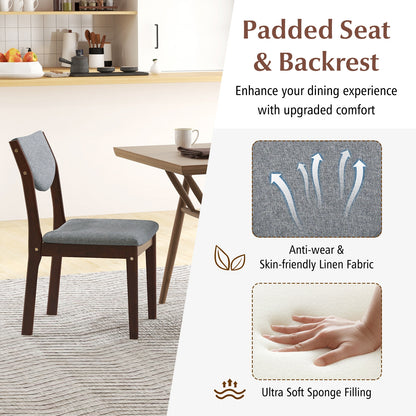 Set of 2 Wooden Dining Chairs with Grey Linen Upholstered Seat and Ergonomic Backrest