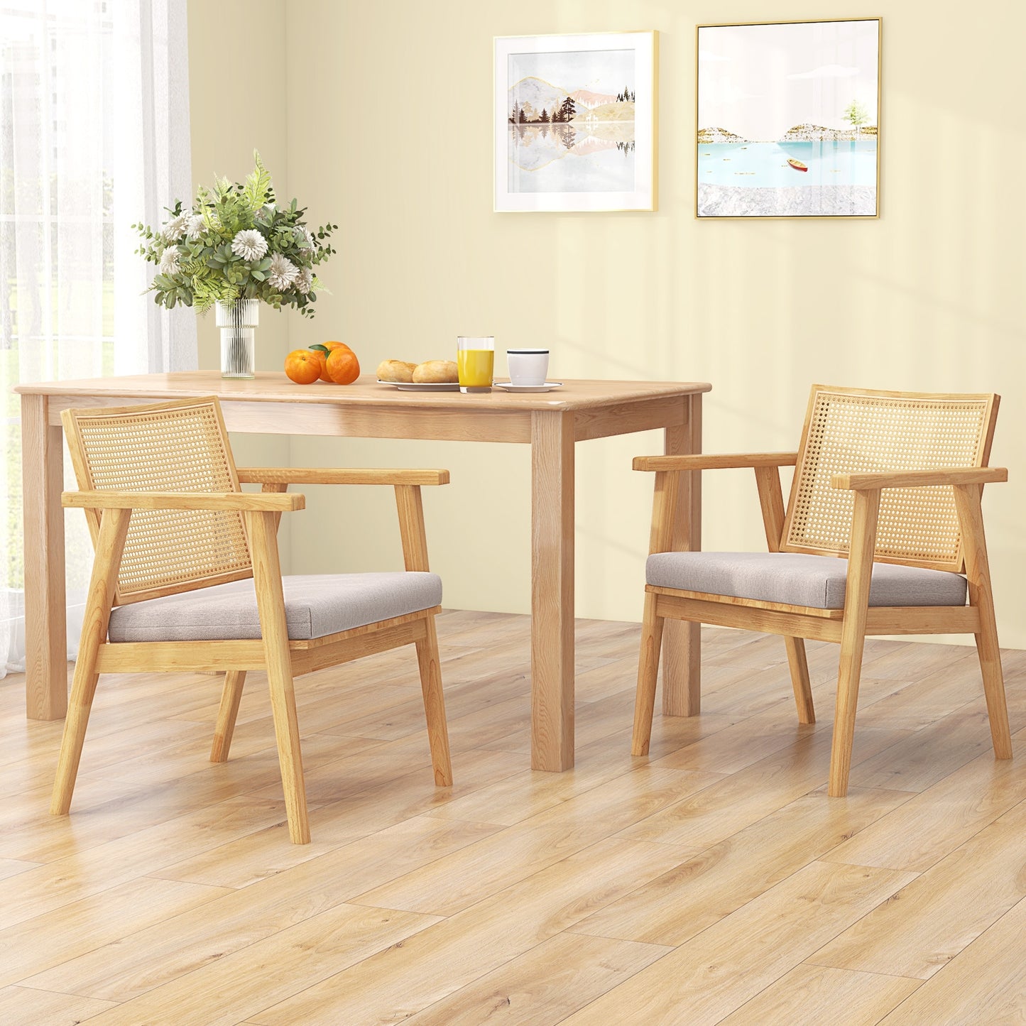 Set of 2 Mid Century Modern Accent Chairs with Breathable Rattan Back and Wood Frame