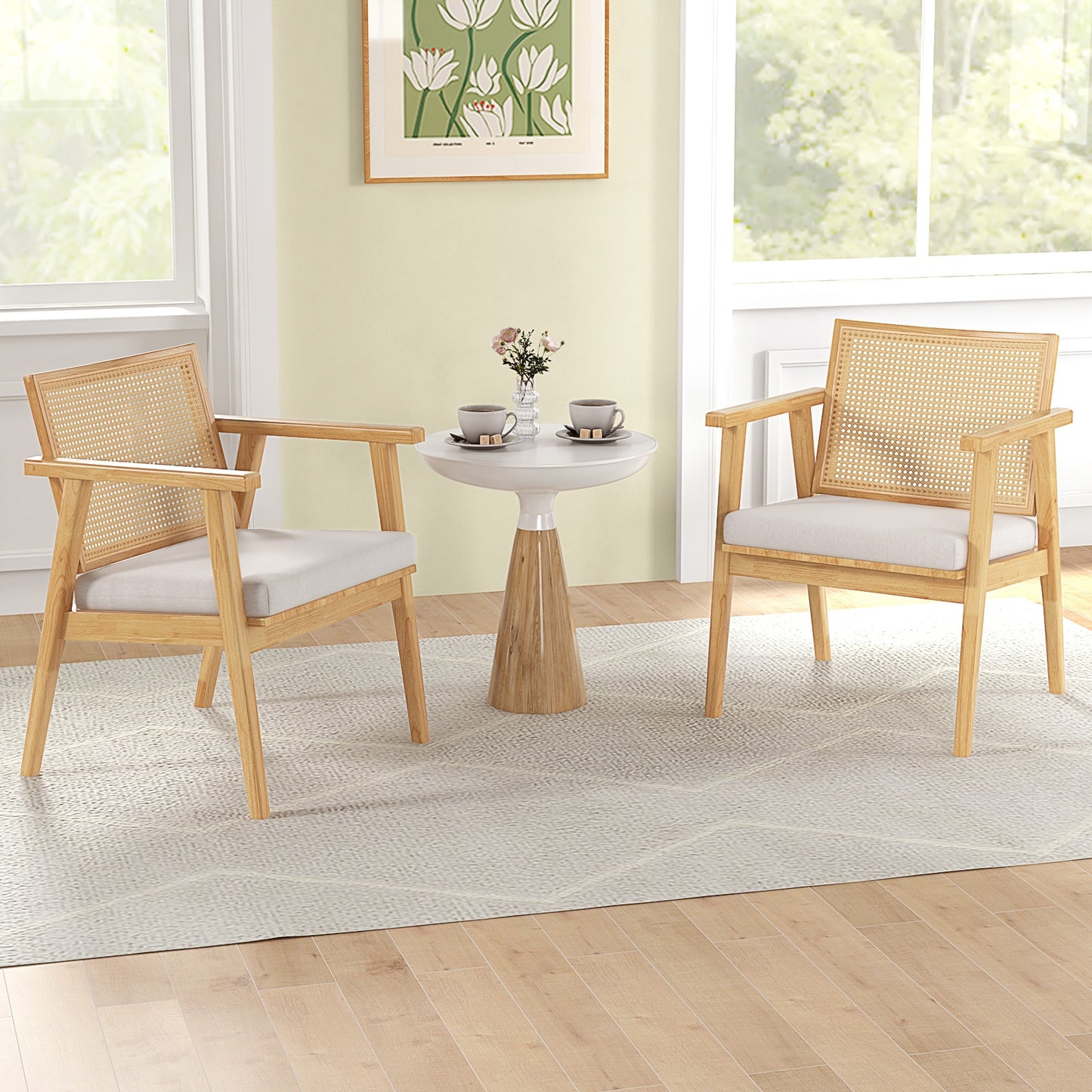 Set of 2 Mid Century Modern Accent Chairs with Breathable Rattan Back and Wood Frame
