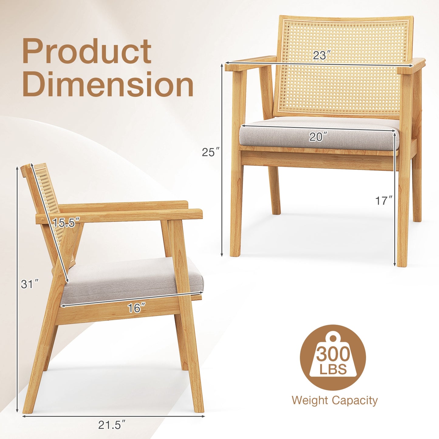 Set of 2 Mid Century Modern Accent Chairs with Breathable Rattan Back and Wood Frame