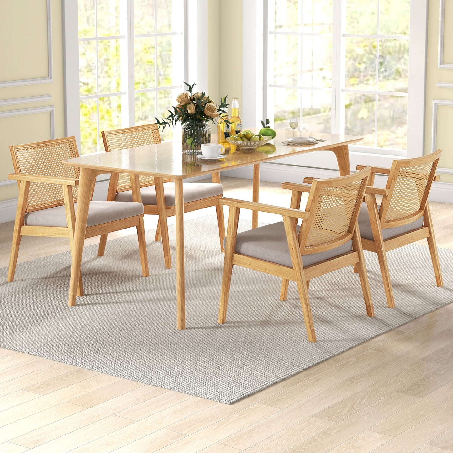 Set of 2 Mid Century Modern Accent Chairs with Breathable Rattan Back and Wood Frame