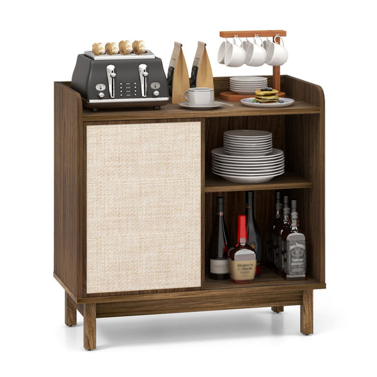 Mid Century Rattan Sideboard Cabinet with Sliding Door and Adjustable Storage Shelves