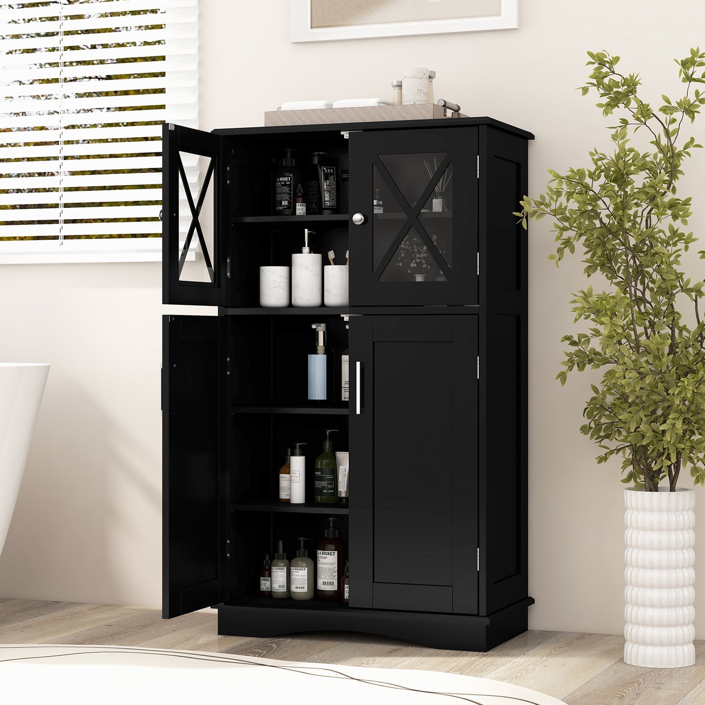 5 Tier Freestanding Storage Cabinet with 4 Doors & Adjustable Shelves