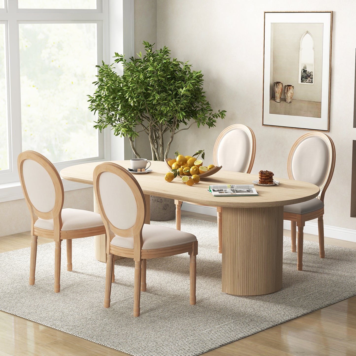 French Dining Chair Set of 2 with Rubber Wood Frame and Round Backrest