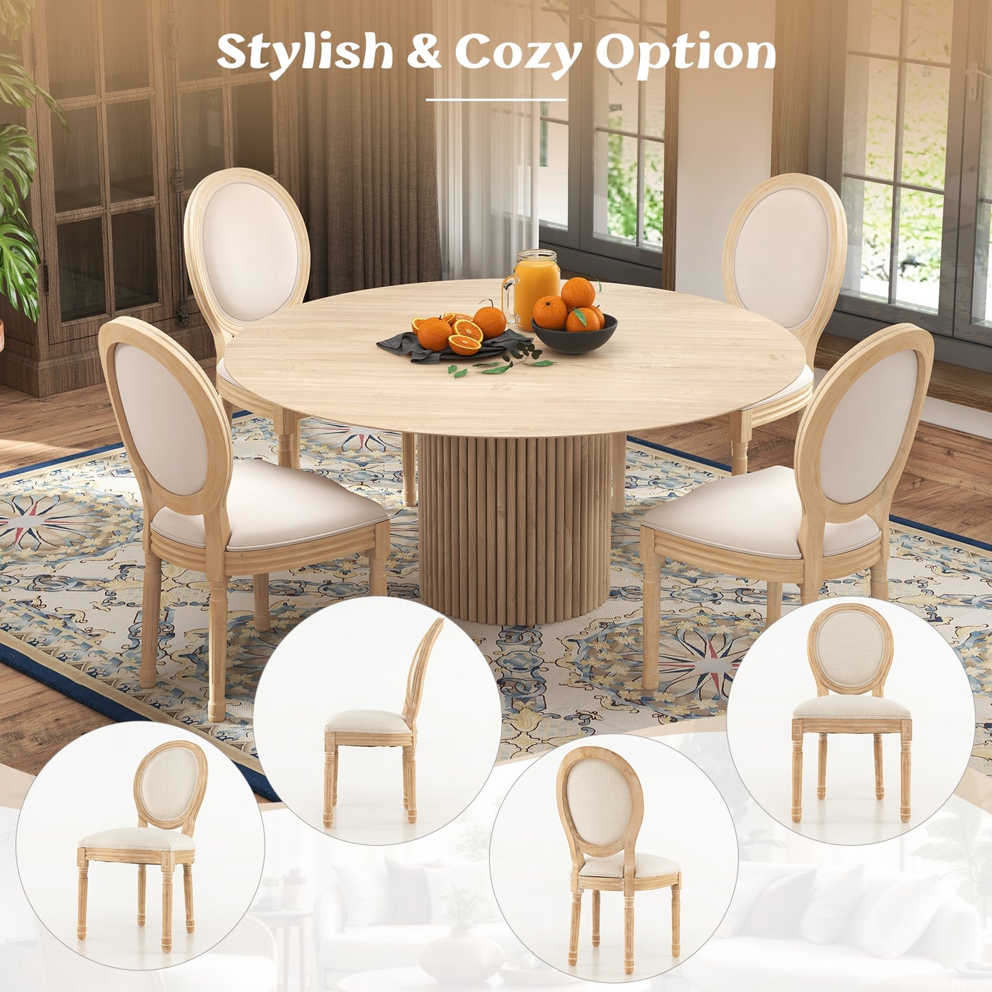 French Dining Chair Set of 2 with Rubber Wood Frame and Round Backrest
