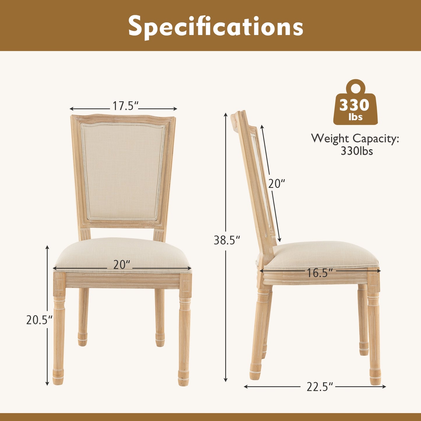 Elegant French Dining Chair Set of 2 with Rectangular Backrest and Durable Rubber Wood Frame