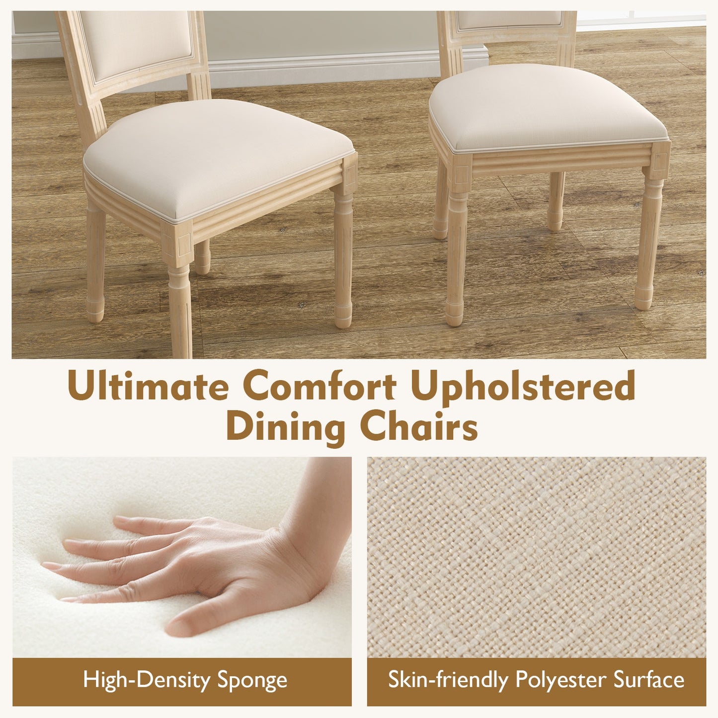 Elegant French Dining Chair Set of 2 with Rectangular Backrest and Durable Rubber Wood Frame