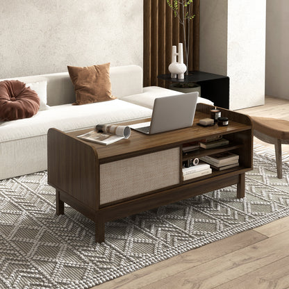 Elegant Mid-Century Coffee Table with Sliding Woven Doors and Customizable Shelving
