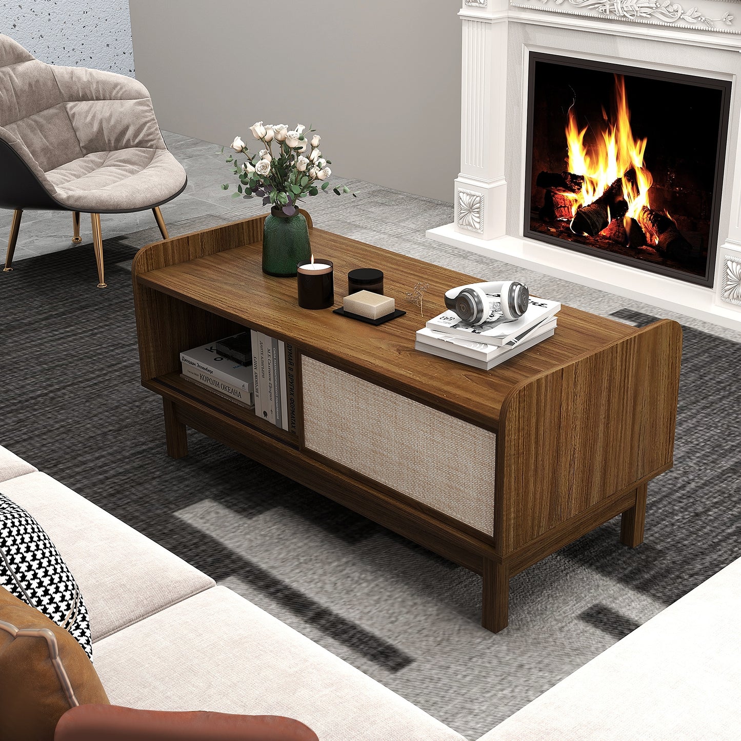 Elegant Mid-Century Coffee Table with Sliding Woven Doors and Customizable Shelving