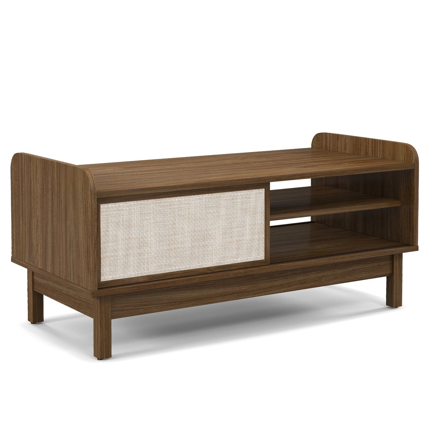 Elegant Mid-Century Coffee Table with Sliding Woven Doors and Customizable Shelving