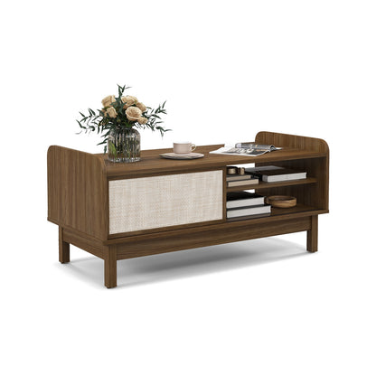 Elegant Mid-Century Coffee Table with Sliding Woven Doors and Customizable Shelving