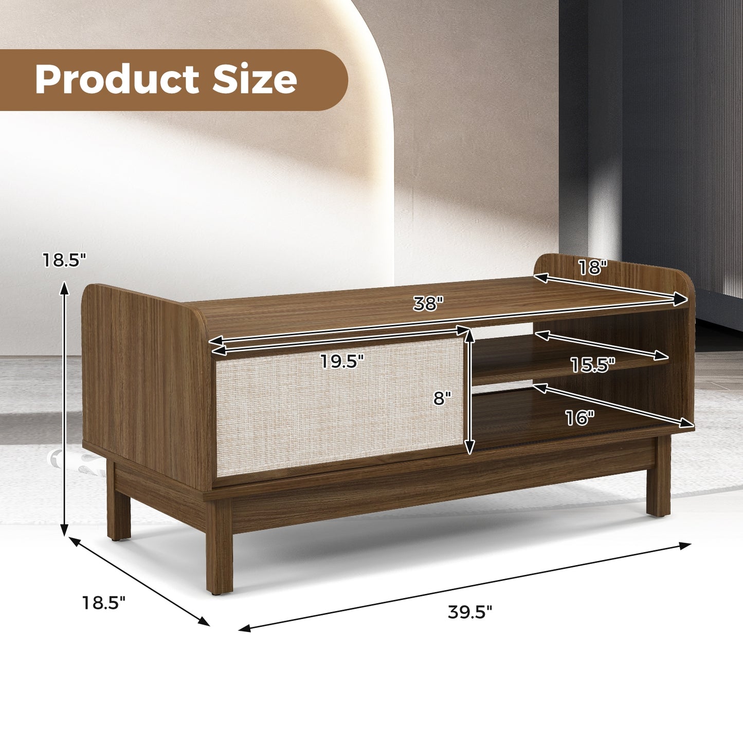 Elegant Mid-Century Coffee Table with Sliding Woven Doors and Customizable Shelving