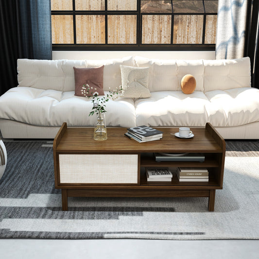 Elegant Mid-Century Coffee Table with Sliding Woven Doors and Customizable Shelving