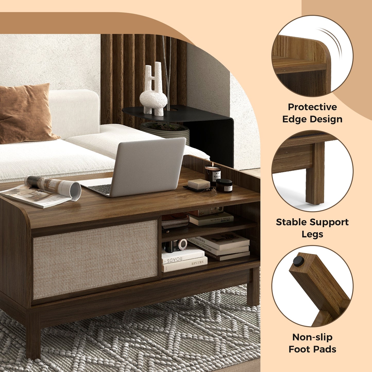 Elegant Mid-Century Coffee Table with Sliding Woven Doors and Customizable Shelving