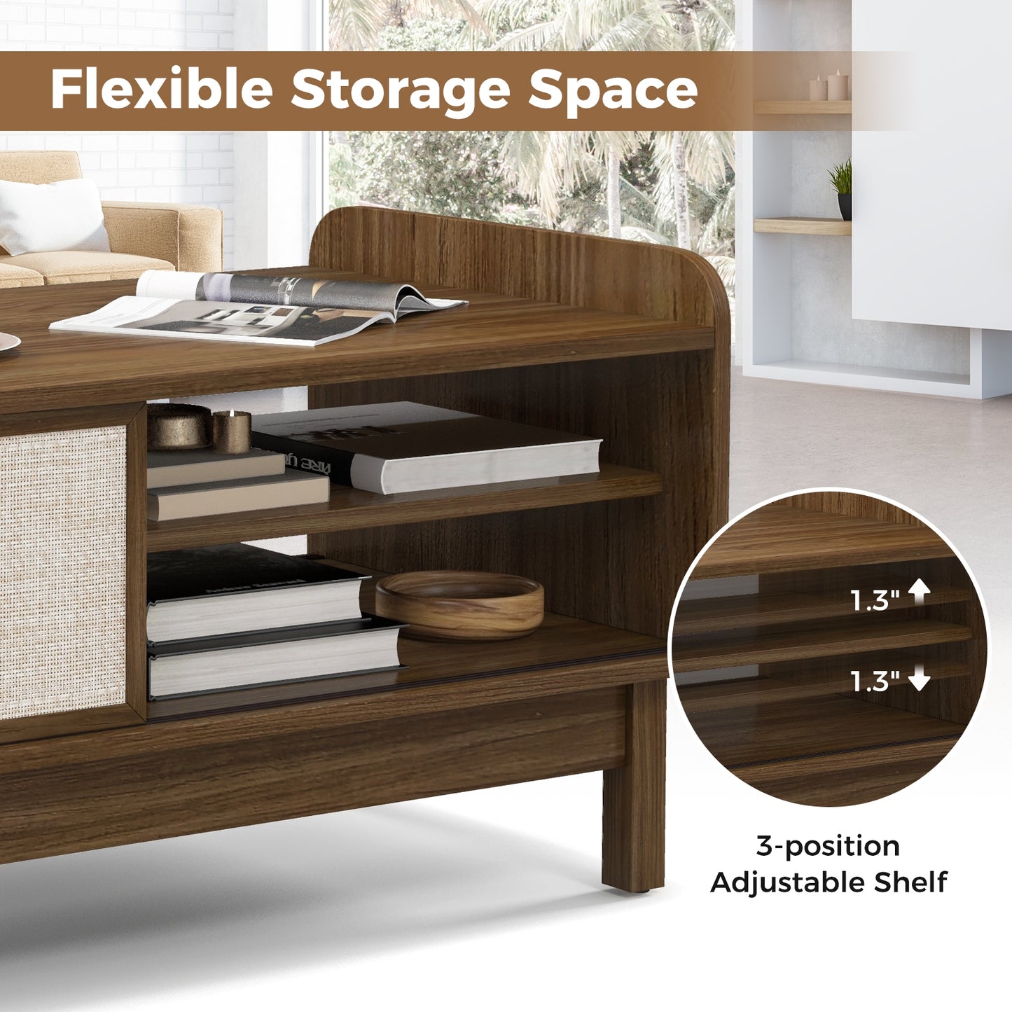 Elegant Mid-Century Coffee Table with Sliding Woven Doors and Customizable Shelving