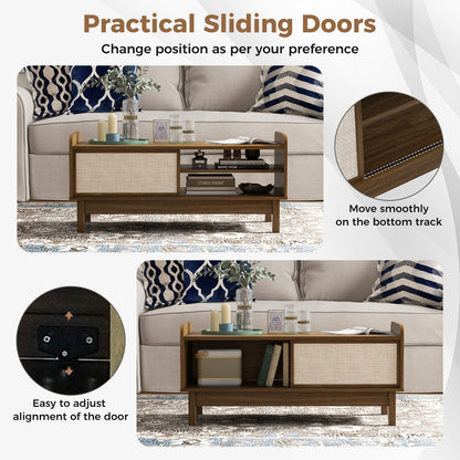 Elegant Mid-Century Coffee Table with Sliding Woven Doors and Customizable Shelving