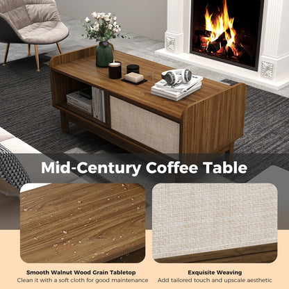 Elegant Mid-Century Coffee Table with Sliding Woven Doors and Customizable Shelving