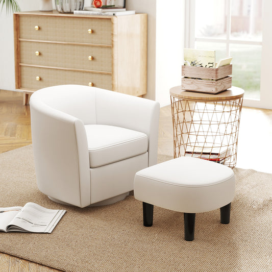 360 Degree Swivel Club Chair with Matching Ottoman and Ergonomic Backrest - Beige