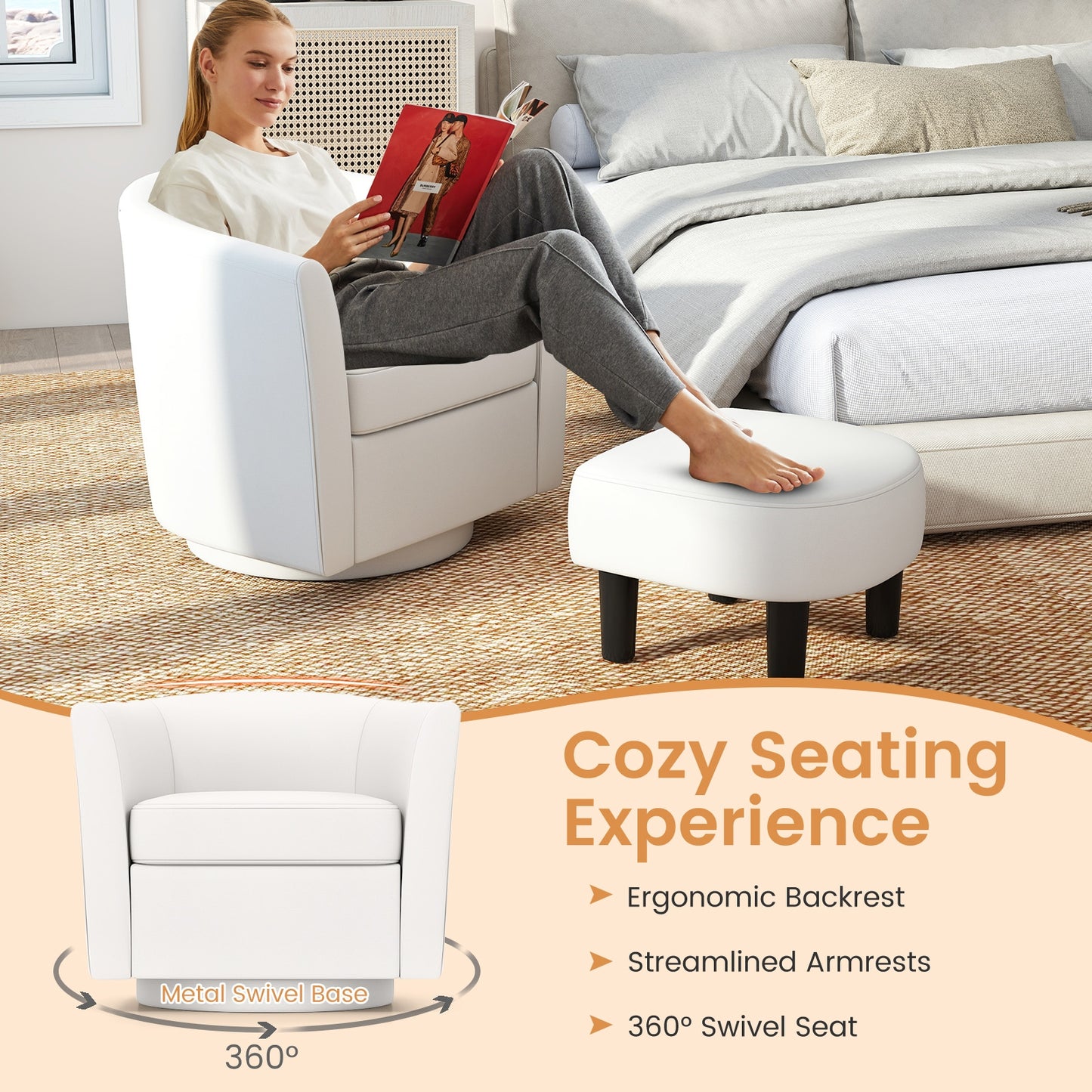 360 Degree Swivel Club Chair with Matching Ottoman and Ergonomic Backrest - Beige