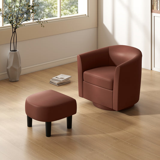 360 Degree Swivel Club Chair with Matching Ottoman and Ergonomic Backrest - Brown