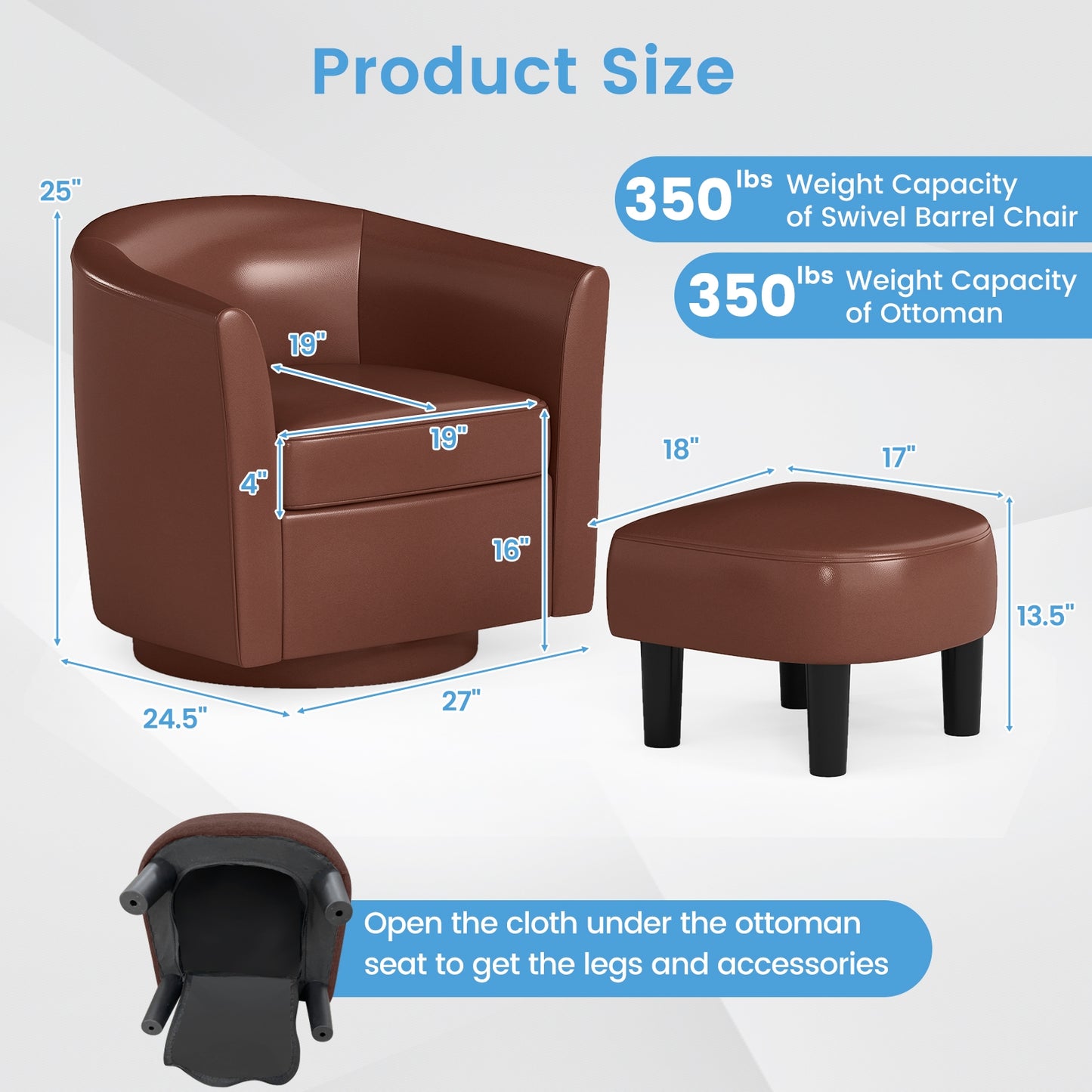 360 Degree Swivel Club Chair with Matching Ottoman and Ergonomic Backrest - Brown