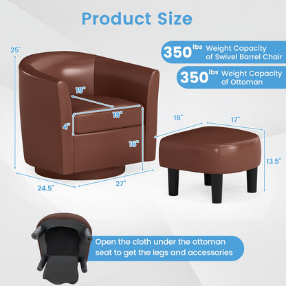 360 Degree Swivel Club Chair with Matching Ottoman and Ergonomic Backrest - Brown
