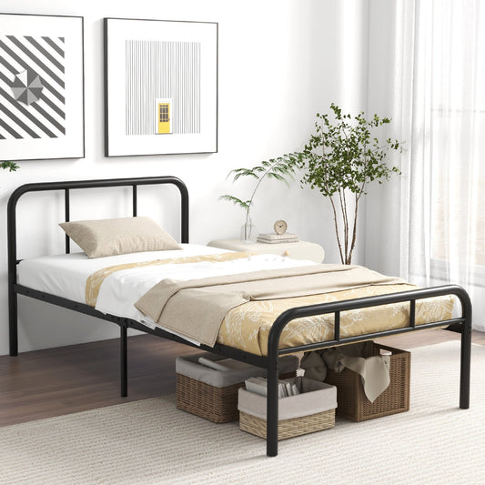 Modern Metal Platform Bed Frame with Headboard and Footboard - Twin Size, Black