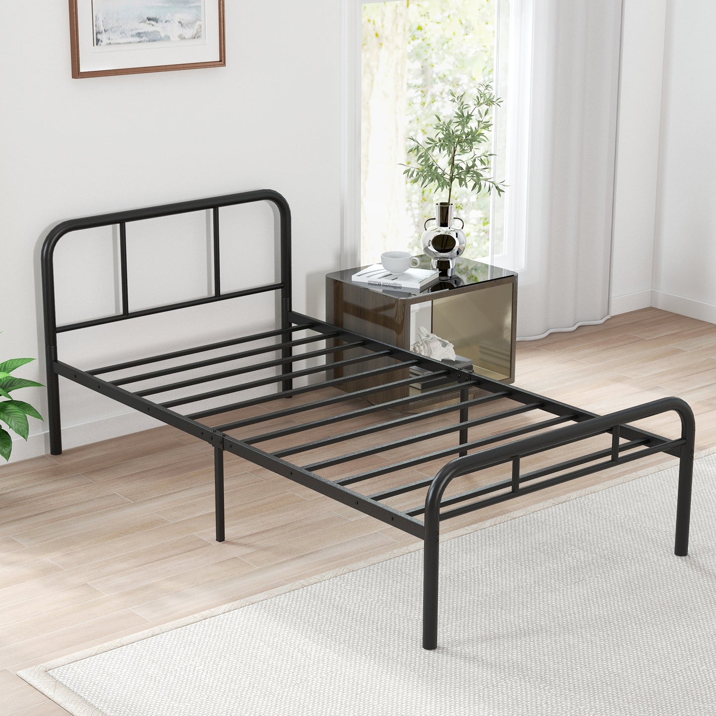 Modern Metal Platform Bed Frame with Headboard and Footboard - Twin Size, Black